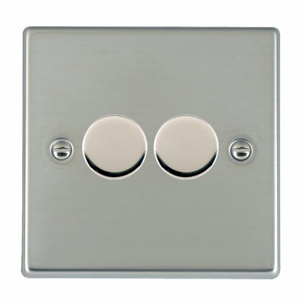 100W LED 2 Way Push On/Off Rotary Dimmer Switch, 2 Gang, Bright Steel
