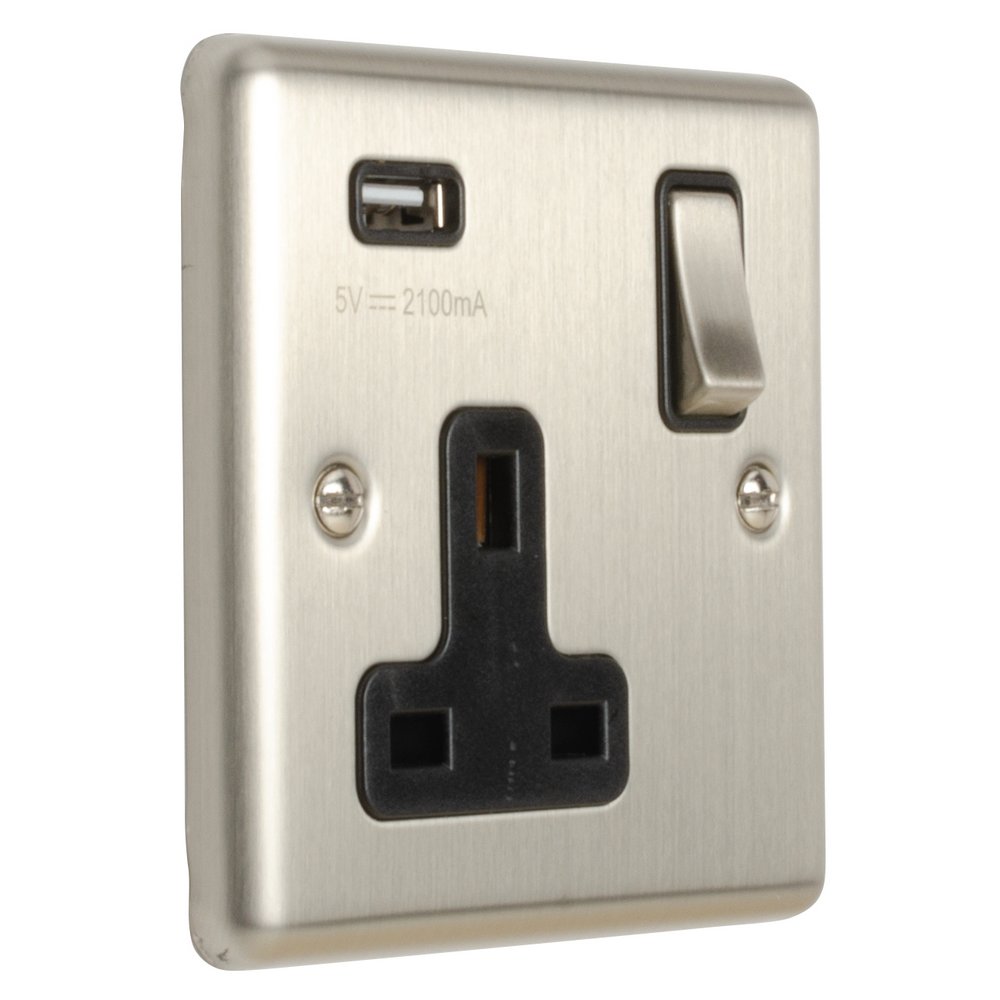 13A 1 Gang Switched Socket with USB Satin Stainless/Black