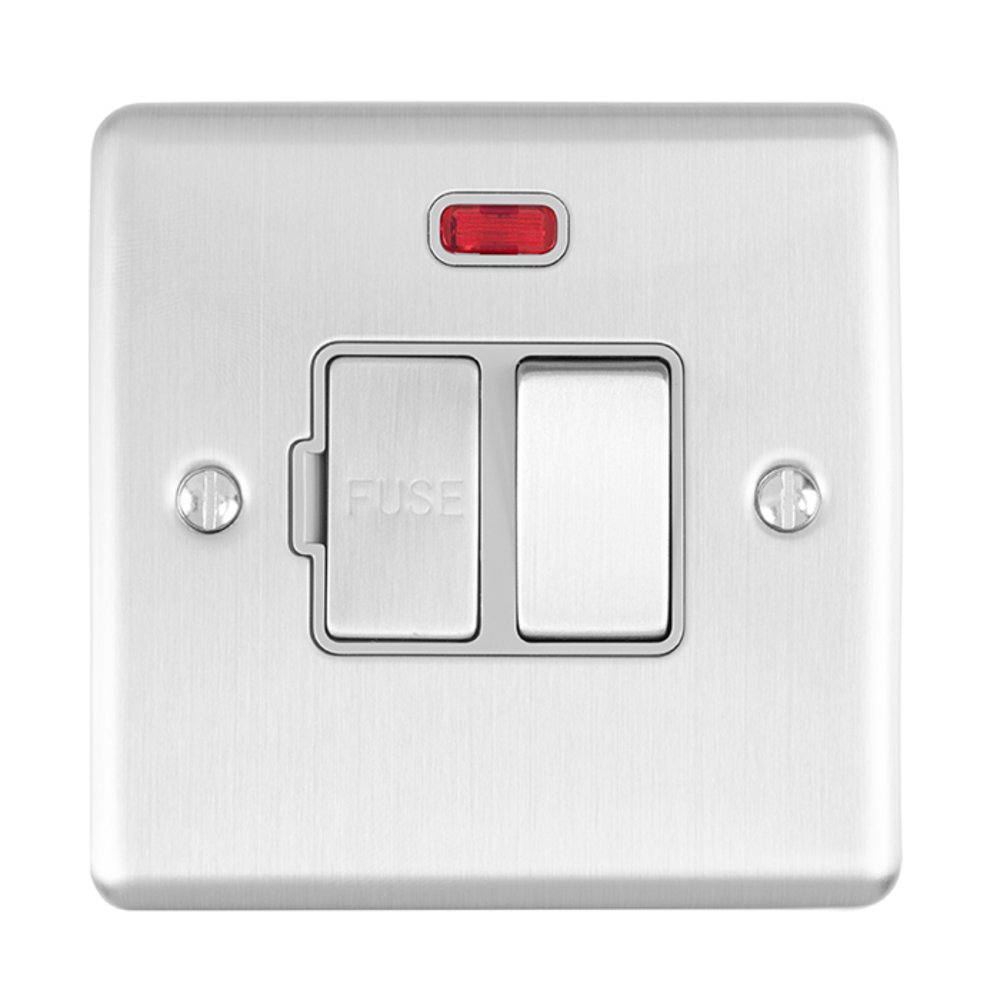 13A Double Pole Switched Fuse Spur with Neon, 1 Gang, Stainless Steel, Grey Trim