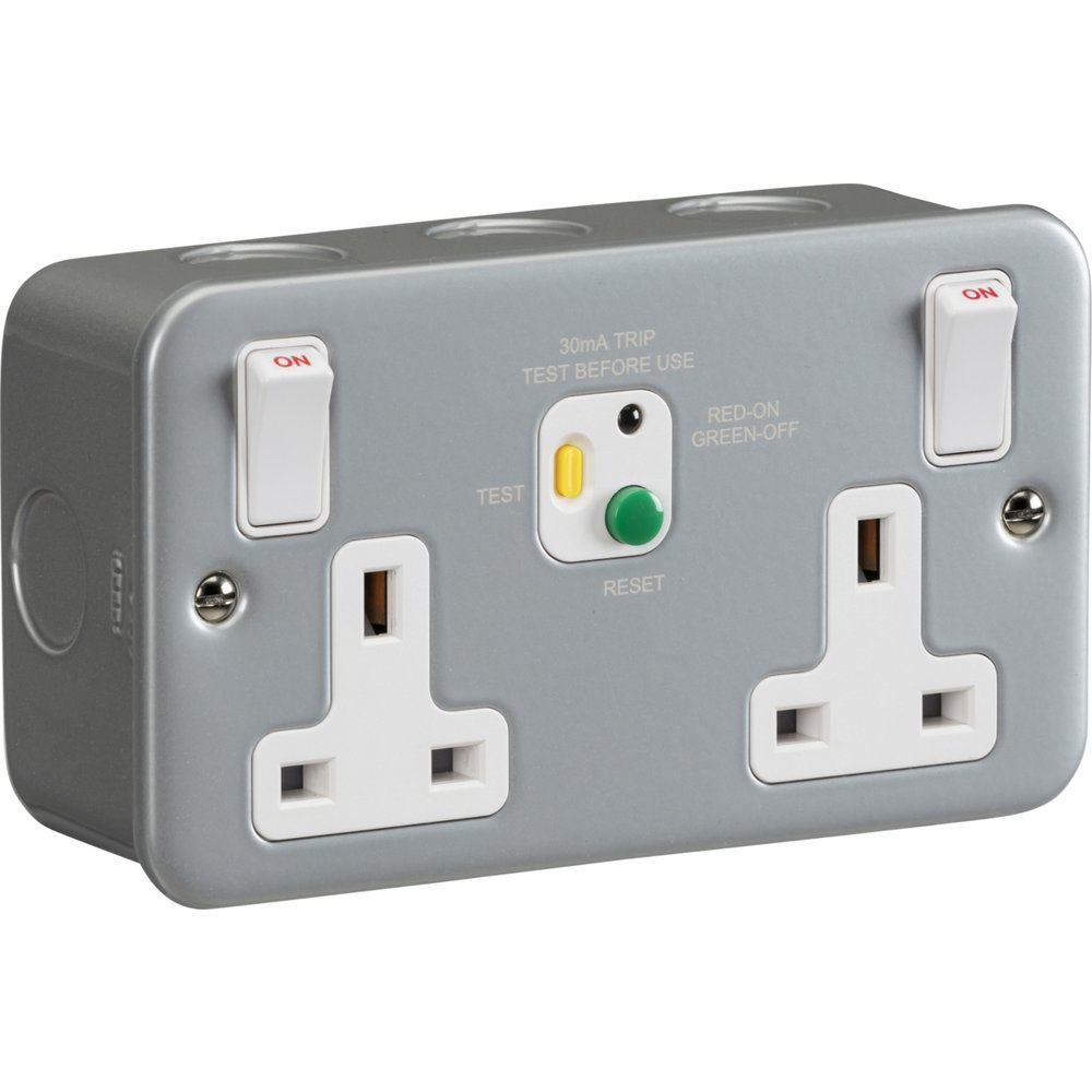 Metal Clad 13A Double Pole RCD Switched Socket, 2 Gang