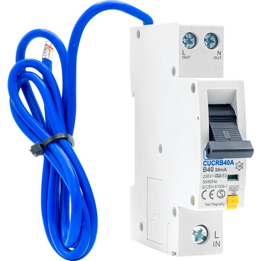 40A RCBO, 1 Pole, Type A, B Curve, 6kA, DIN Rail