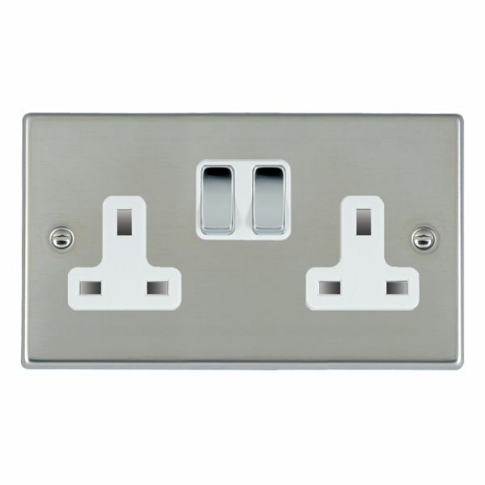 13A Double Pole Switched Socket, 2 Gang, Bright Steel, White