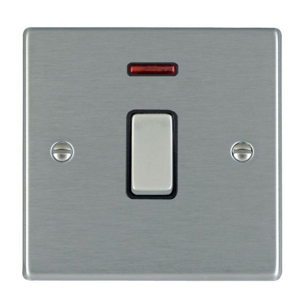 20AX Double Pole Rocker Switch and Neon, 1 Gang, Satin Steel, Black