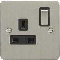 Show details for  13A Double Pole Switched Socket, 1 Gang, Satin Stainless Steel, Black Trim, Enhance Flat Plate Range