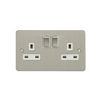 Show details for  13A 2 Gang Double Switched Socket (Flat Plate) - Satin Stainless Steel/White
