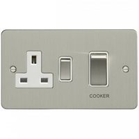 Show details for  45A Double Pole Cooker Switch with Socket, 2 Gang, Satin Stainless Steel, White Trim, Enhance Flat Plate Range