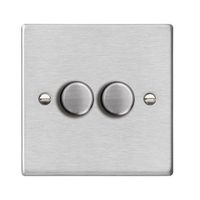 Show details for  100W LED Trail/Lead Edge Push On-Off Rotary Dimmer Switch, 2 Gang, Satin Steel