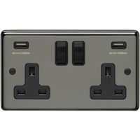 Show details for  13A Double Pole Switched Socket with USB, 2 Gang, Black Nickel, Black Trim, Stainless Steel Range
