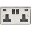Show details for  13A Switched Socket with USB, 2 Gang, Satin Stainless Steel, Black Trim, Stainless Steel Range