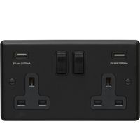 Show details for  13A Double Pole Switched Socket with USB, 2 Gang, Matt Black, Black Trim, Stainless Steel Range