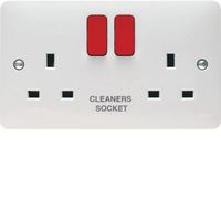 Show details for  13A Double Pole Switched Socket Printed 'Cleaners Socket', 2 Gang, White, Red Rocker