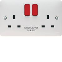 Show details for  13A Double Pole Switched Socket Printed 'Emergency Supply', 2 Gang, White, Red Rocker