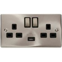 Show details for 13A Switched Socket with USB, 2 Gang, Satin Chrome, Black Trim, Deco Range