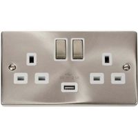 Show details for 13A Switched Socket with USB, 2 Gang, Satin Chrome, White Trim, Deco Range