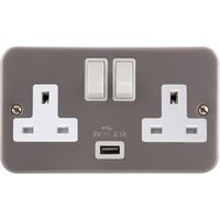 Show details for  Metal Clad 13A Switched Socket with USB Outlet (Type A), 2 Gang, Grey, White Trim, Essentials Range