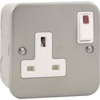 Show details for  Metal Clad 13A Double Pole Switched Socket with Neon, 1 Gang, Grey, White Trim, Essentials Range