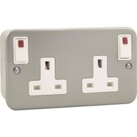 Show details for  Metal Clad 13A Double Pole Switched Socket with Neons, 2 Gang, Grey, White Trim, Essentials Range