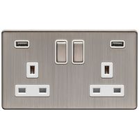 Show details for  13A Switched Socket with USB, 2 Gang, Satin Nickel, White Trim, Concealed 6mm Range