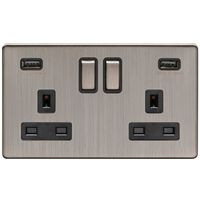 Show details for  Screwless 2 Gang Switched Socket with USB- Satin Nickel/Black