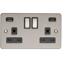 Show details for  13A 2 Gang Switched Socket with USB - Satin Stainless Steel/Black