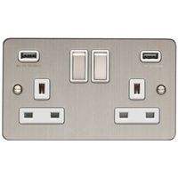 Show details for  13A 2 Gang Switched Socket with USB - Satin Stainless Steel/White