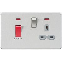 Show details for  45A Double Pole Switch and Switched Socket with Neons, 2 Gang, Brushed Chrome, Grey Insert, Screwless Range