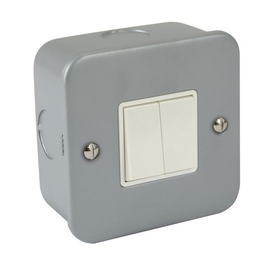 Metal Clad 2 Gang 2 Way Light Switch - White Insert & Rocker