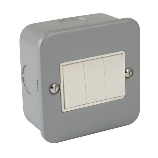 Metal Clad 3 Gang 2 Way Light Switch - White Insert & Rocker