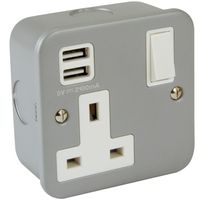 Show details for  Metal Clad 13A Double Pole Switched Socket with USB, 1 Gang, Grey, White Insert
