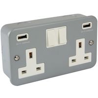 Show details for  Metal Clad 13A Double Pole Switched Socket with USB, 2 Gang, Grey, White Insert