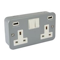 Show details for  Metal Clad 2 Gang 13A Switched Socket c/w Dual USB (3.1mA) - White Insert & Rocker
