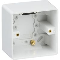 Show details for  Curved Edge 47mm Pattress Box with Earth Terminal and Cable Strain Relief,  1 Gang, White