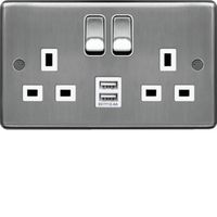 Show details for  13A Double Pole Switched Socket with USB Ports, 2 Gang, Brushed Steel