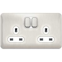 Show details for 13A Switched Socket, 2 Gang, Stainless Steel, White Trim, Lisse Range
