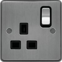 Show details for 3A Double Pole Switched Socket, 1 Gang, Brushed Steel, Black Trim, Sollysta Range