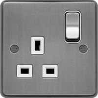 Show details for 3A Double Pole Switched Socket, 1 Gang, Brushed Steel, White Trim, Sollysta Range
