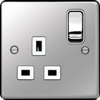 Show details for  Double Pole Switched Socket, 1 Gang, Polished Steel