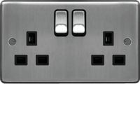 Show details for 13A Double Pole Switched Socket, 2 Gang, Brushed Steel, Black Trim, Sollysta Range