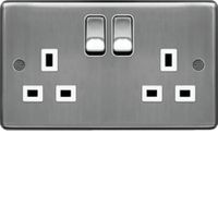 Show details for 13A Double Pole Switched Socket, 2 Gang, Brushed Steel, White Trim, Sollysta Range