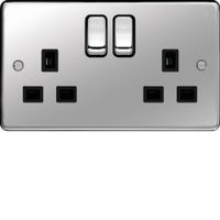 Show details for 13A Double Pole Switched Socket, 2 Gang, Polished Steel, Black Trim, Sollysta Range