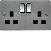 Show details for 13A Double Pole Switched Socket, 2 Gang, Brushed Steel, Black Trim, Sollysta Range