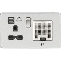 Show details for 13A Socket, USB Chargers and Bluetooth Speaker, 2 Gang, Brushed Chrome