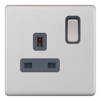Show details for  13A Double Pole Switched Socket Outlet, 1 Gang, Satin Chrome, Grey Trim