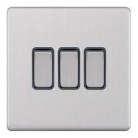 Show details for  10A 2 Way Plate Switch, 3 Gang, Satin Chrome, Grey Trim
