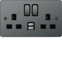 Show details for  13A Double Pole Switched Socket with USB Ports, 2 Gang, Brushed Steel
