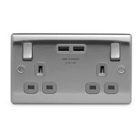 Show details for  13A Switched Socket with USB Outlet, 2 Gang, Brushed Steel