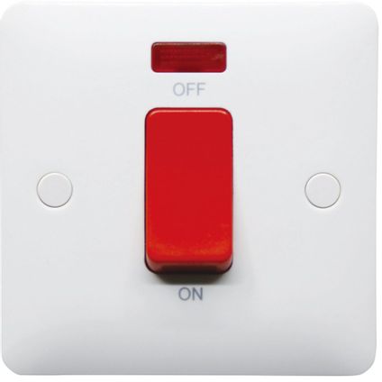 45A Double Pole Cooker Switch with Red Rocker and Neon, 1 Gang, White, Modern Range