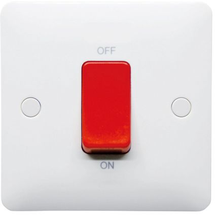 45A Double Pole Cooker Switch with Red Rocker, 1 Gang, White, Modern Range