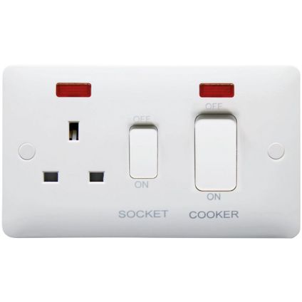 45A Double Pole Cooker Control Unit with Switched Socket and Neon, 2 Gang, White, Modern Range