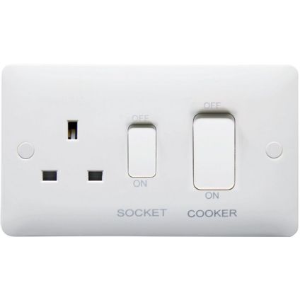 45A Double Pole Cooker Control Unit with Switched Socket and Red Rocker, 2 Gang, White, Modern Range